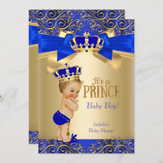 Royal Blue Gold Damask Prince Baby Dusche Blonde Einladung (Vorne/Hinten)