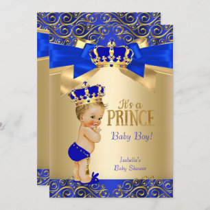 Royal Blue Gold Damask Prince Baby Dusche Blonde Einladung