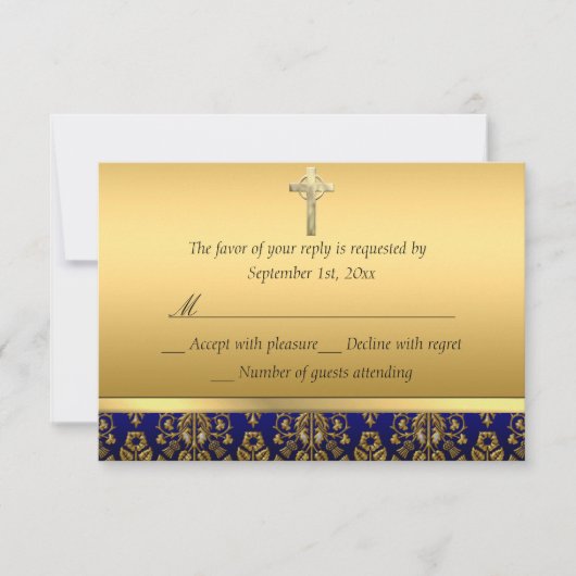 Royal Blue & Gold Damaskus Cross Baptisse UAWG RSVP Karte (Vorderseite)