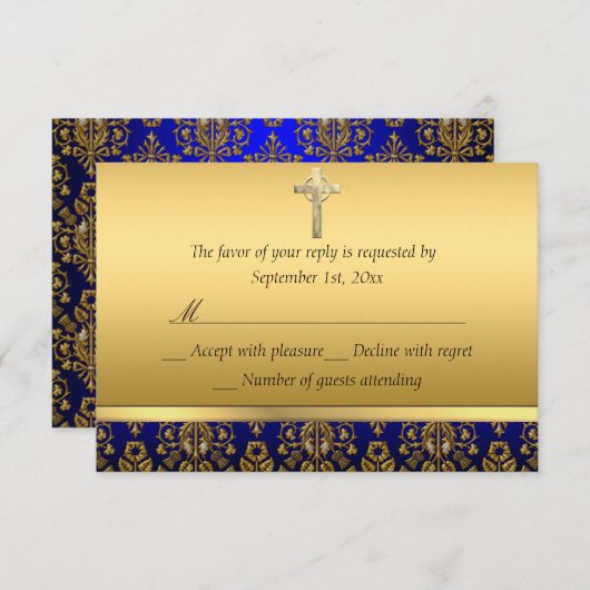 Royal Blue & Gold Damaskus Cross Baptisse UAWG RSVP Karte (Vorne/Hinten)