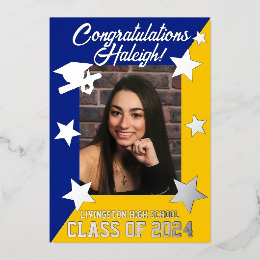 Royal Blue & Gold Diagonal Abschluss Silver Folieneinladung (Vorderseite)