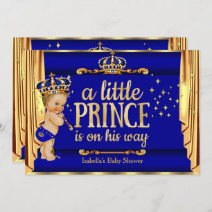 Royal Blue Gold Drapes Prince Baby Dusche Blonde Einladung