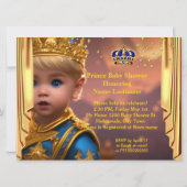 Royal Blue Gold Drapes Prince Baby Dusche Blonde Einladung (Rückseite)