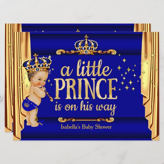 Royal Blue Gold Drapes Prince Baby Dusche groß Einladung (Vorne/Hinten)