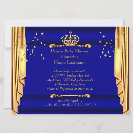Royal Blue Gold Drapes Prince Baby Dusche groß Einladung (Rückseite)