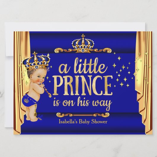 Royal Blue Gold Drapes Prince Baby Dusche groß Einladung (Vorderseite)
