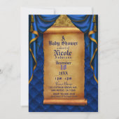 Royal Blue & Gold Drapes Scroll Baby Dusche Einladung (Vorderseite)