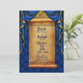 Royal Blue & Gold Drapes Scroll Engagement Party Einladung (Stehend Vorderseite)