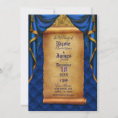 Royal Blue & Gold Drapes Scroll Wedding Einladung (Vorderseite)