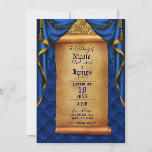 Royal Blue & Gold Drapes Scroll Wedding Einladung (Vorderseite)
