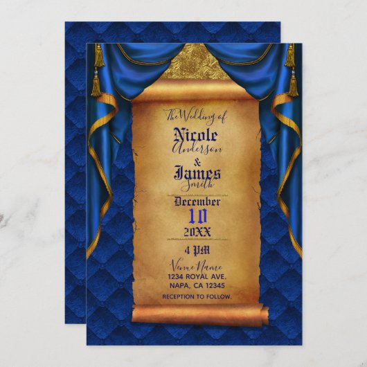 Royal Blue & Gold Drapes Scroll Wedding Einladung (Vorne/Hinten)