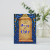 Royal Blue Gold Drapes Scroll Wedding Rett Date Ankündigungspostkarte (Stehend Vorderseite)