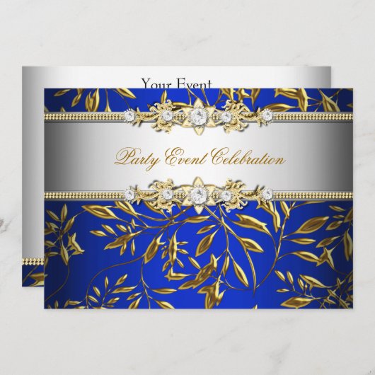 Royal Blue Gold Embossed Look Elegantes Party Einladung (Vorne/Hinten)