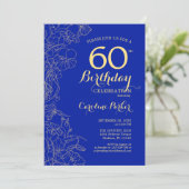 Royal Blue Gold Floral 60. Geburtstag Einladung (Stehend Vorderseite)