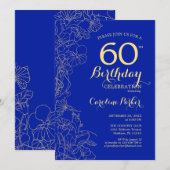 Royal Blue Gold Floral 60. Geburtstag Einladung (Vorne/Hinten)