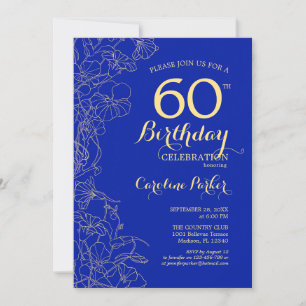 Royal Blue Gold Floral 60. Geburtstag Einladung