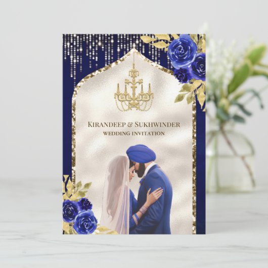Royal Blue Gold Floral Anand Karaj Sikh Wedding Einladung (Stehend Vorderseite)