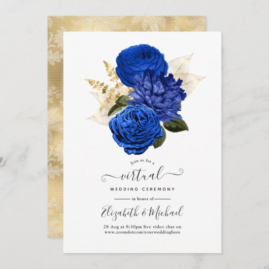 Royal Blue & Gold Floral and Lace Virtual Wedding Einladung (Vorne/Hinten)