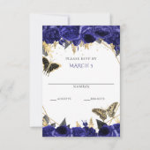 Royal Blue Gold Floral Butterfets Quinceanera RSVP Karte (Vorderseite)
