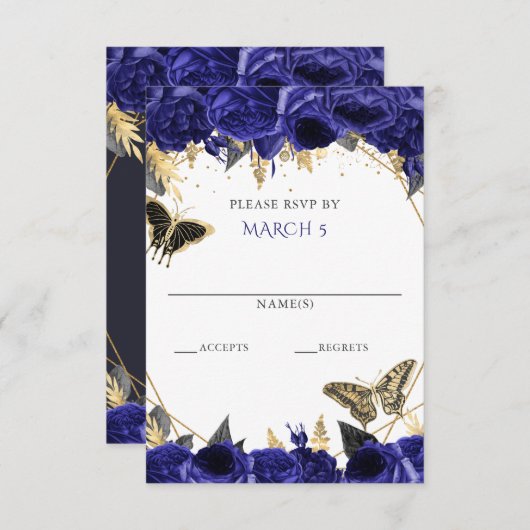 Royal Blue Gold Floral Butterfets Quinceanera RSVP Karte (Vorne/Hinten)