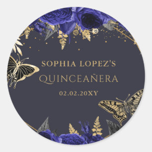 Royal Blue Gold Floral Butterfets Quinceanera Runder Aufkleber