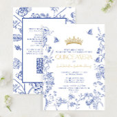 Royal Blue Gold Floral Butterfly QR Quinceñera Einladung
