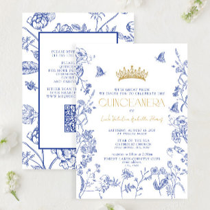 Royal Blue Gold Floral Butterfly QR Quinceñera Einladung