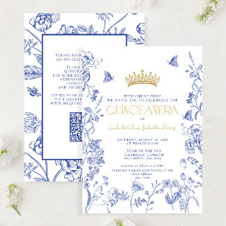Royal Blue Gold Floral Butterfly QR Quinceñera Einladung