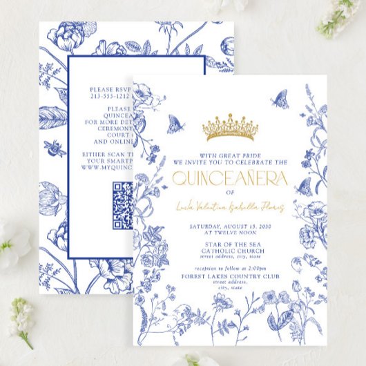Royal Blue Gold Floral Butterfly QR Quinceñera Einladung