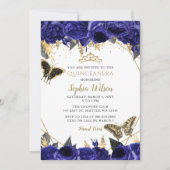 Royal Blue Gold Floral Butterfly Quinceñera Einladung (Vorderseite)