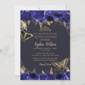 Royal Blue Gold Floral Butterfly Quinceñera Einladung (Vorderseite)