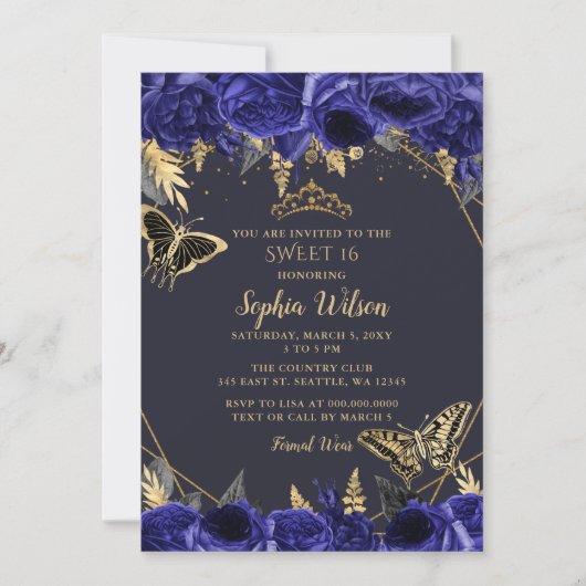 Royal Blue Gold Floral Butterfly Sweet 16 Einladung (Vorderseite)