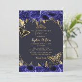 Royal Blue Gold Floral Butterfly Sweet 16 Einladung (Stehend Vorderseite)
