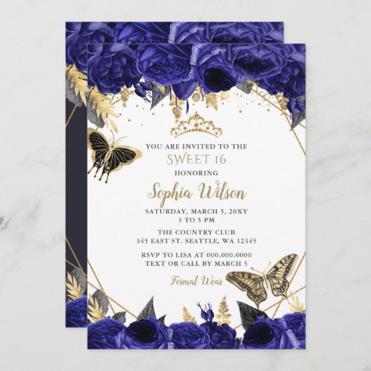 Royal Blue Gold Floral Butterfly Sweet 16 Einladung (Vorne/Hinten)