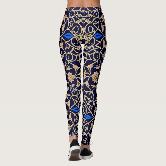 Royal Blue & Gold Floral Elegance Pattern Leggings (Rückseite)