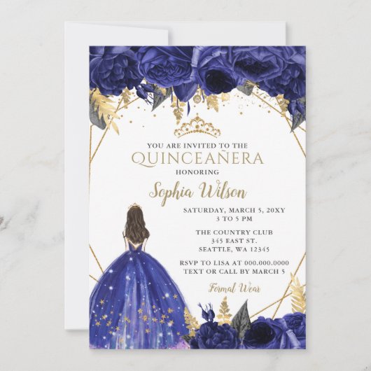 Royal Blue Gold Floral Princess Quinceañera Invita Einladung (Vorderseite)