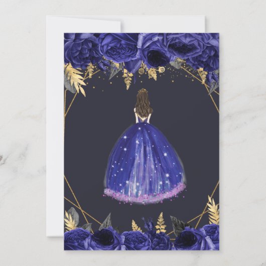 Royal Blue Gold Floral Princess Quinceañera Invita Einladung (Rückseite)