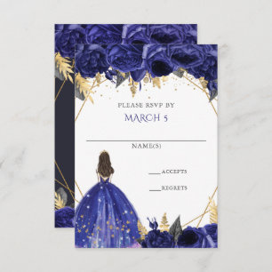 Royal Blue Gold Floral Princess Quinceanera RSVP Karte