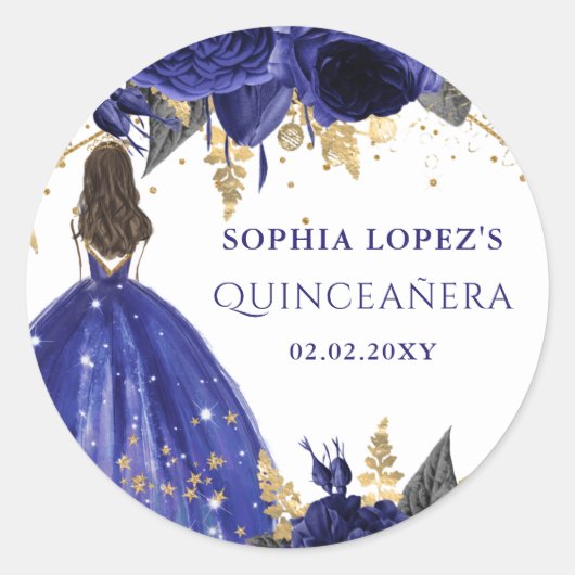 Royal Blue Gold Floral Princess Quinceanera Runder Aufkleber (Vorderseite)