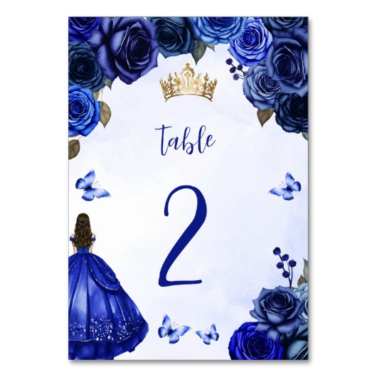 Royal Blue Gold Floral Princess Quinceañera Tischnummer (Rückseite)
