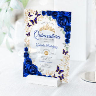 Royal Blue Gold Floral Quinceanera Acryleinladungen