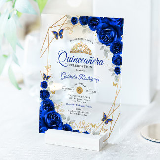 Royal Blue Gold Floral Quinceanera Acryleinladungen