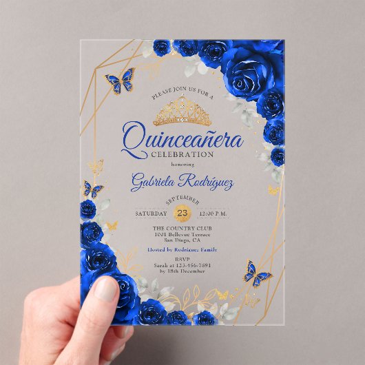Royal Blue Gold Floral Quinceanera Acryleinladungen (Insitu (Handheld))
