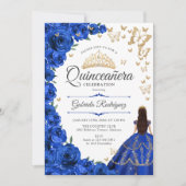 Royal Blue Gold Floral Quinceanera Einladung (Vorderseite)