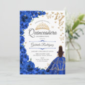 Royal Blue Gold Floral Quinceanera Einladung (Stehend Vorderseite)