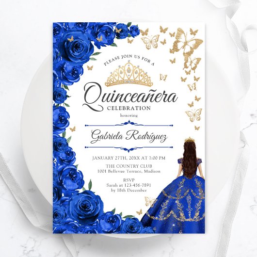 Royal Blue Gold Floral Quinceanera Einladung