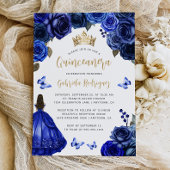 Royal Blue Gold Floral Quinceañera Einladung
