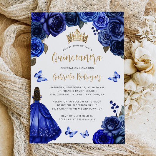 Royal Blue Gold Floral Quinceañera Einladung