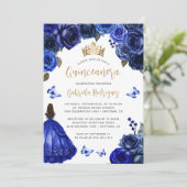 Royal Blue Gold Floral Quinceañera Einladung (Stehend Vorderseite)