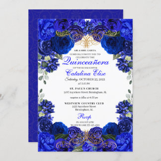 Royal Blue & Gold Floral Quinceanera Geburtstag Einladung